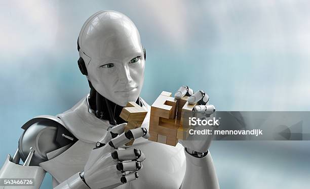 Roboter Mit Hölzernen Puzzle Stockfoto und mehr Bilder von Roboter - Roboter, Künstliche Intelligenz, Cyborg