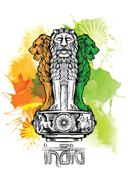 Lion capital of Ashoka in Indian flag color. Lion capital of Ashoka in Indian flag color. Emblem of India. Watercolor texture backdrop. sarnath stock illustrations