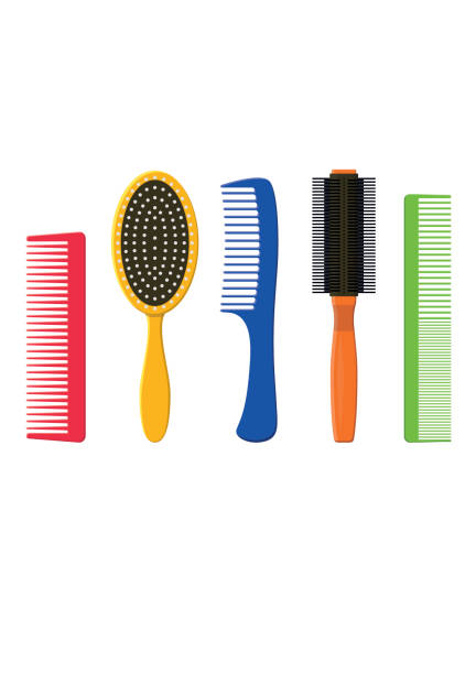 Hair combs and hairbrushes set. Fashion equipment hairdresser. Care themselves Hair combs and hairbrushes set isolated on a white background. Fashion equipment collection hairbrush and style comb hairdresser vector icon. Care for themselves in flat style a hairbrush stock illustrations