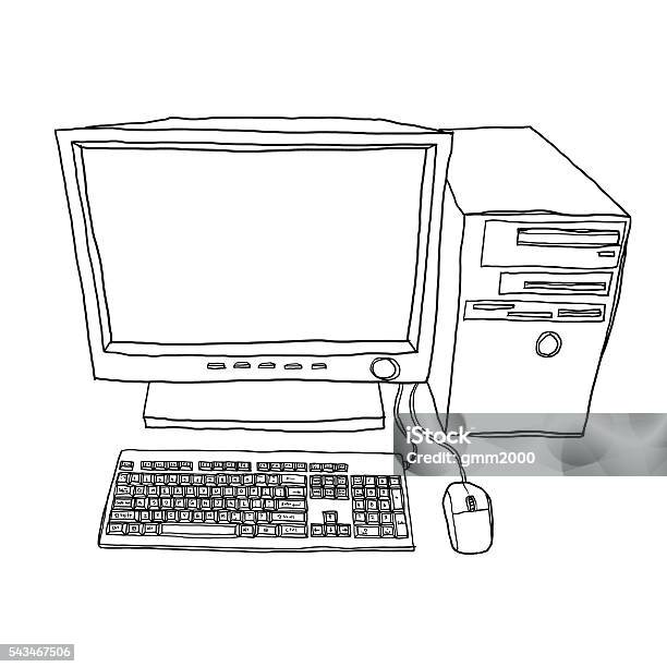 Desktop Computer Hand Drawn Line Art Cute Illustration Stock ...
