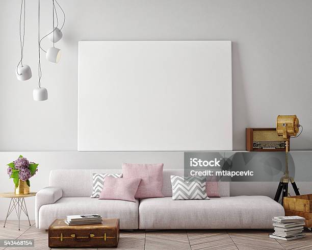 Mock Up Poster On The Wall Of Hipster Living Room Stock Photo - Download Image Now - Art, Art And Craft, Concepts