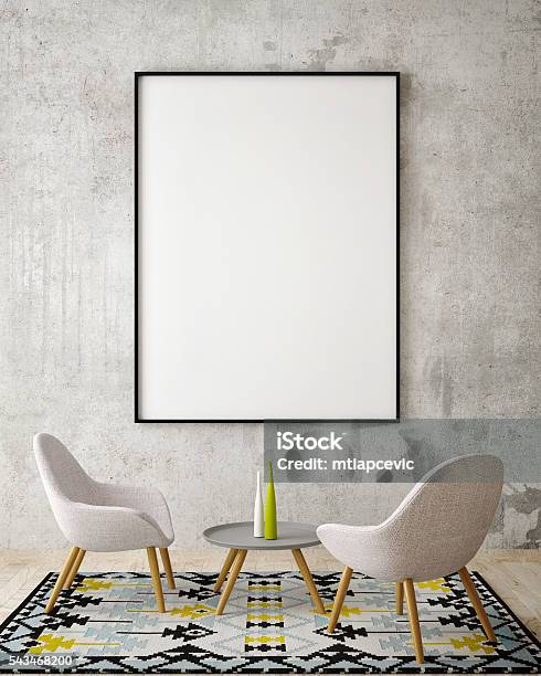 Mock Up Poster On The Wall Of Hipster Living Room Stock Photo - Download Image Now - Bedroom, Art, Template