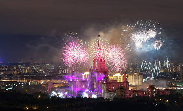 Lomonosov Moscow State University Lomonosov Moscow State University fireworks on the day of the city. View from a height mikhail lomonosov stock pictures, royalty-free photos & images