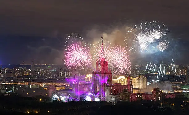 Lomonosov Moscow State University fireworks on the day of the city. View from a height