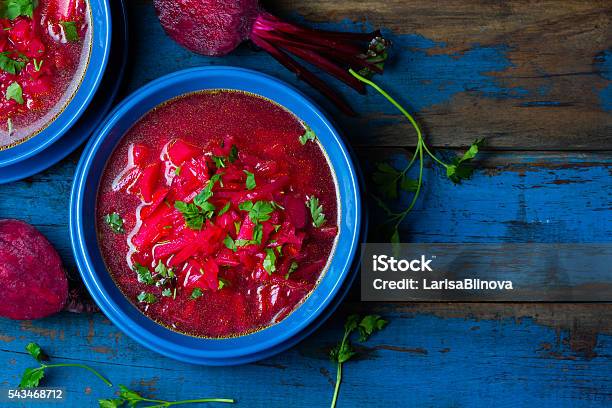 Borsh Russian And Ucrainian Traditional Vegetarian Red Soup Top View Stock Photo - Download Image Now