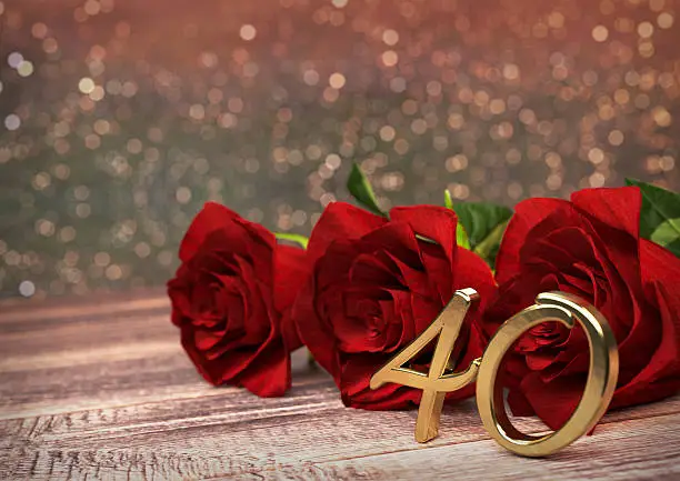 birthday concept with red roses on wooden desk. 3D render - fortieth birthday. 40th