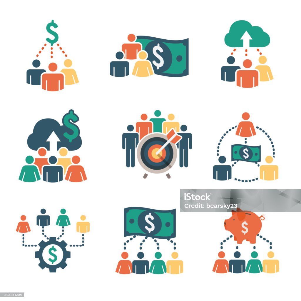 People Funding Different Online Ideas Icon Set People Working Together to Fund Different Online Ideas with Money Icon Set Currency stock vector