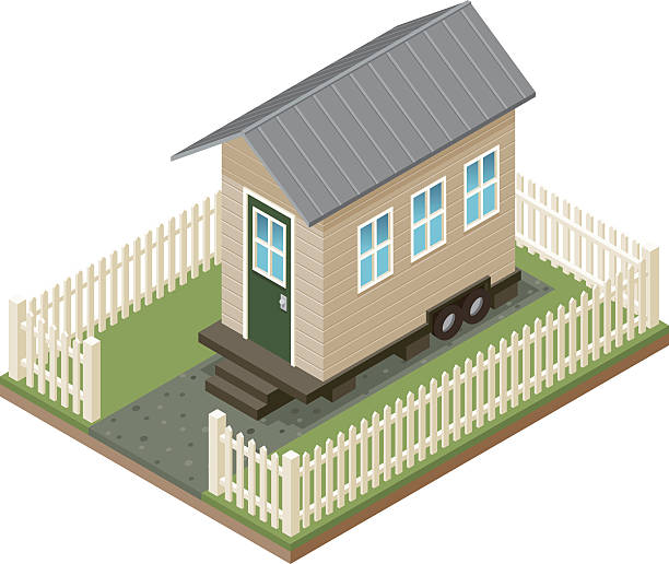 작은 하우스 제품의 등각투영 icon을 발착장 및 말뚝 울타리 - 이동주택 지역 stock illustrations