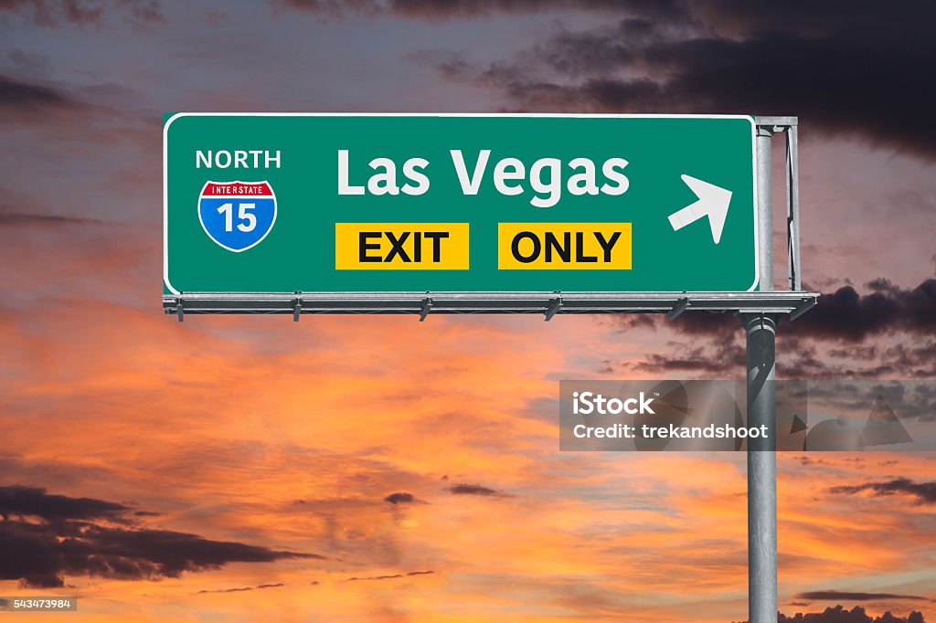 Las Vegas Exit Only Highway Sign with Sunrise Sky Las Vegas Nevada exit only highway sign with sunrise sky. Above Stock Photo
