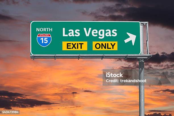 Las Vegas Exit Only Highway Sign With Sunrise Sky Stock Photo - Download Image Now - Above, City, Dawn