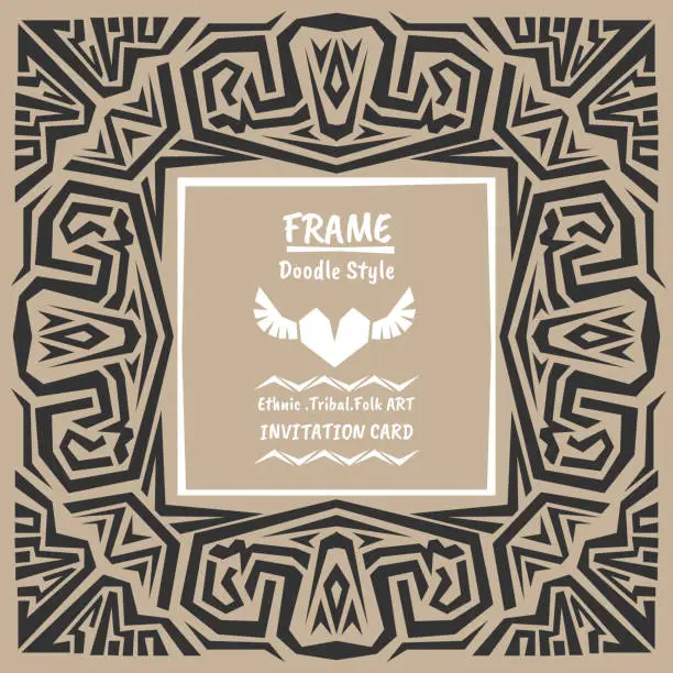 Vector illustration of Doodle vector tribal ethnic style frame.Bohemian Invitation card