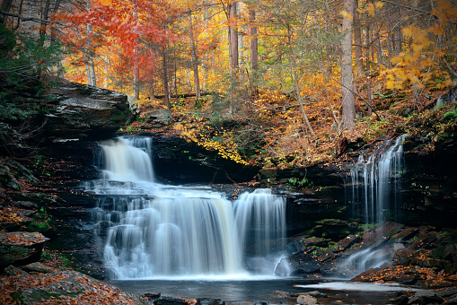 Autumn waterfalls in park with colorful foliage.