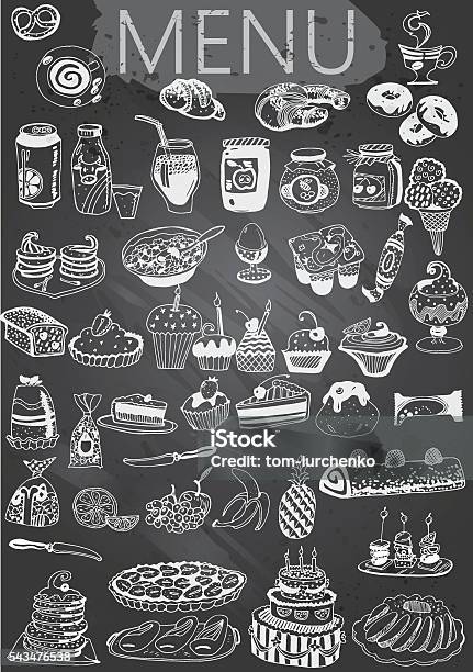 Handdrawn Chalkboard Menu With Desserts Stock Illustration - Download Image Now - Chalk - Art Equipment, Chalkboard - Visual Aid, Food
