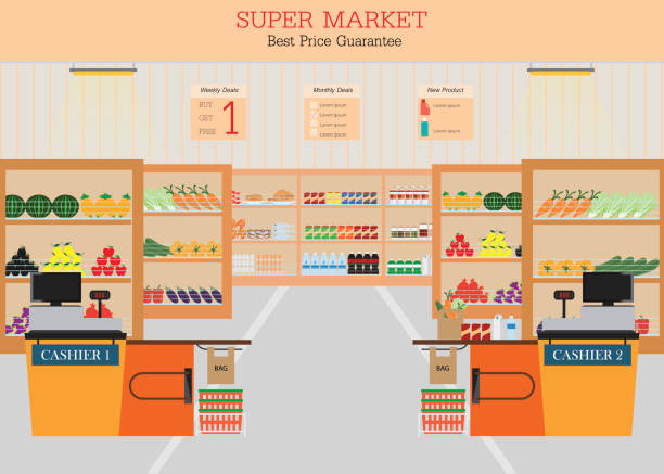 Supermarket with fresh food on shelves Supermarket with fresh food on shelves and counter cashier, Flat vector illustration. supermarket aisles vector stock illustrations