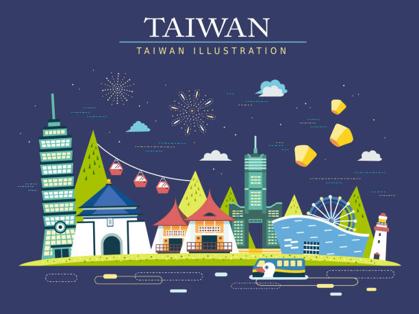 Taiwan travel poster attractive Taiwan travel concept poster with famous attractions taiwan stock illustrations