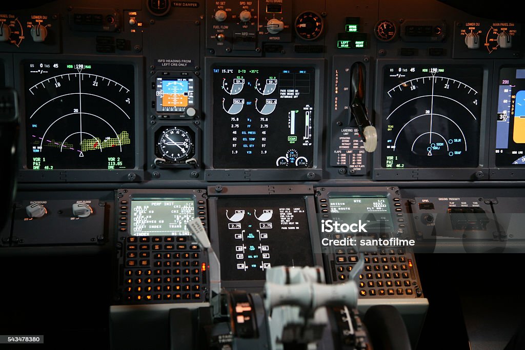 Boeing Jet Cockpit Flight Instruments Flight instruments in cockpit Control Panel Stock Photo