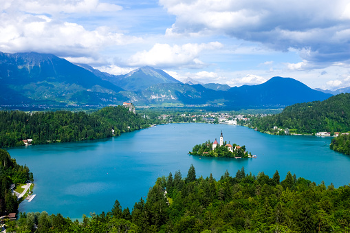 Panorama of Lake Bled, Slovenia.