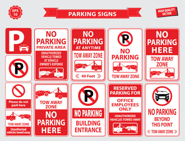 Car Parking Sign Car Parking Sign (car parking area, no parking in front of the building, office employee only, unauthorized vehicles towed away, building entrance). easy to modify. towing stock illustrations