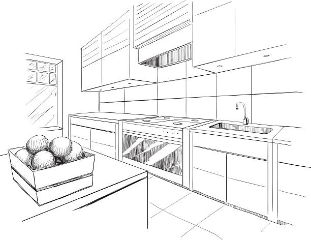 ilustrações, clipart, desenhos animados e ícones de desenho de interiores da moderna cozinha com ilha. - kitchen