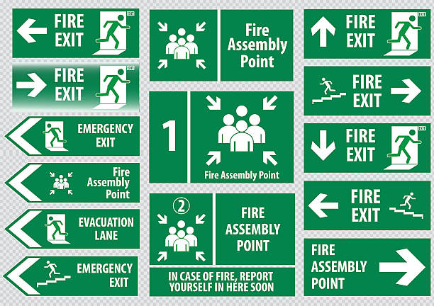 Set of emergency exit Sign Set of emergency exit Sign (fire exit, emergency exit, fire assembly point, evacuation lane). safety first stock illustrations
