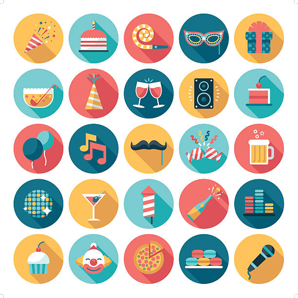 celebration and party icon A set of 25 celebration and party related icon set. Icons are grouped individually. flat design stock illustrations