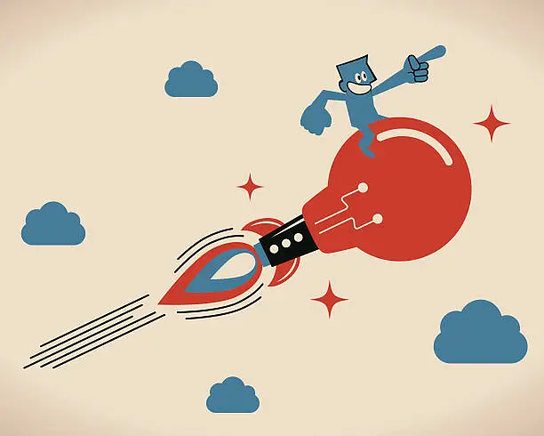Vector illustration of Businessman flying with bulb jet rocket, pointing the way forward