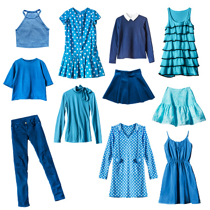 Set of blue female clothes isolated over white