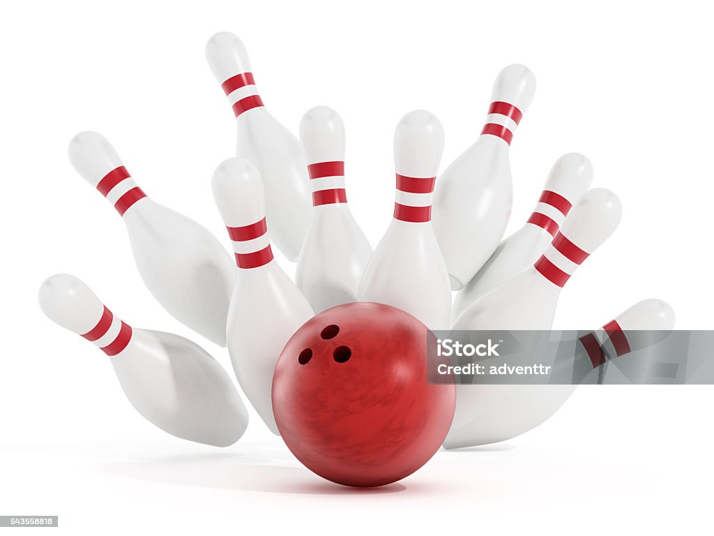 Bowling strike Bowling strike with red balls and bowling pins. Bowling Pin Stock Photo