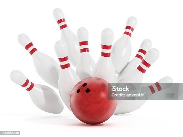 Bowling Strike Stock Photo - Download Image Now - Bowling Pin, Ten Pin Bowling, White Background
