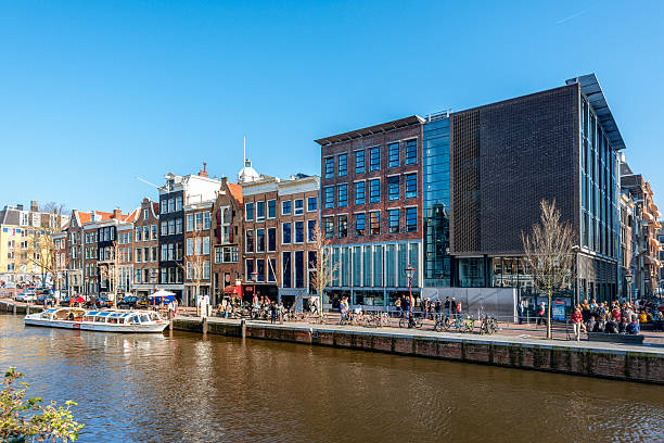 Amsterdam, Netherlands - May 31, 2019: crowd in front of the Moco Museum (Modern Contemporary Museum) in Amsterdam. Sunny day.