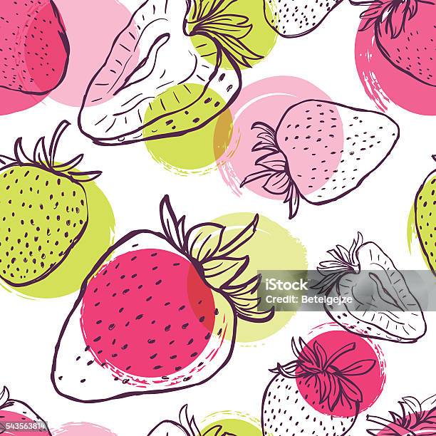 Vector Seamless Pattern With Strawberries And Colorful Watercolor Blots Stockvectorkunst en meer beelden van Aardbei