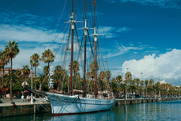 Barcelona, Spain, January 16, 2020: View of yachts and catamarans moored in Port Vell, which is an urban renewal area, part of the Port of Barcelona
