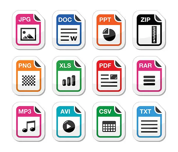 Vector illustration of File type icons as labels set