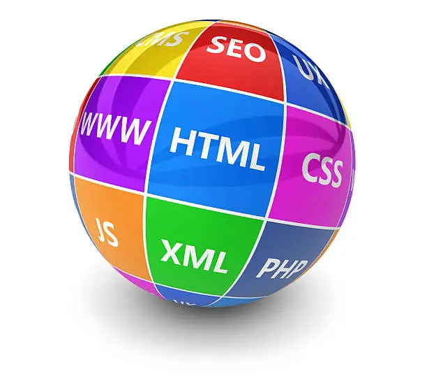 Website, Internet and digital media development concept with programming languages sign on a colorful globe 3d illustration on white background.