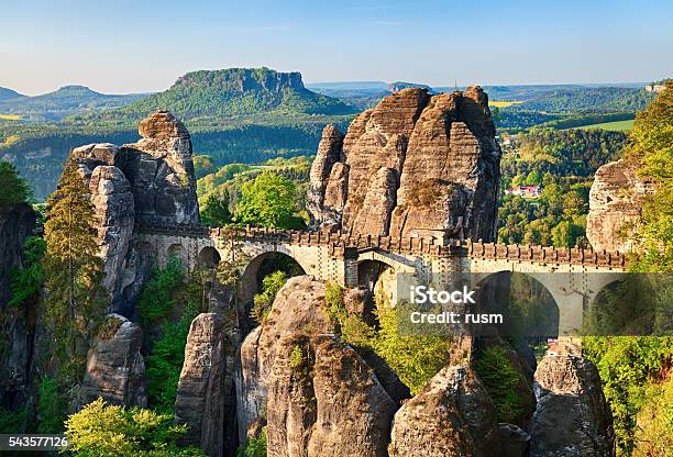 Bastei Bridge In Saxon Switzerland Germany Stock Photo - Download Image Now - Saxon Switzerland, Saxony, Basteifelsen