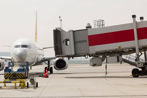 istock passenger boarding bridge connected to airplane at airport 543578118
