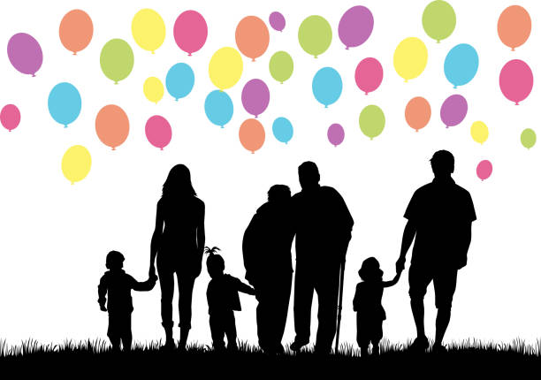 silhouetten der familie. ballon hintergrund. - grandparent grandfather granddaughter silhouette stock-grafiken, -clipart, -cartoons und -symbole