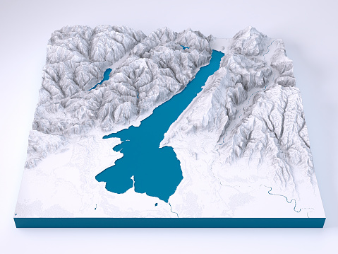 3D Render of a Topographic Map Model of Lago Di Garda, Italy. Exaggerated Elevation.