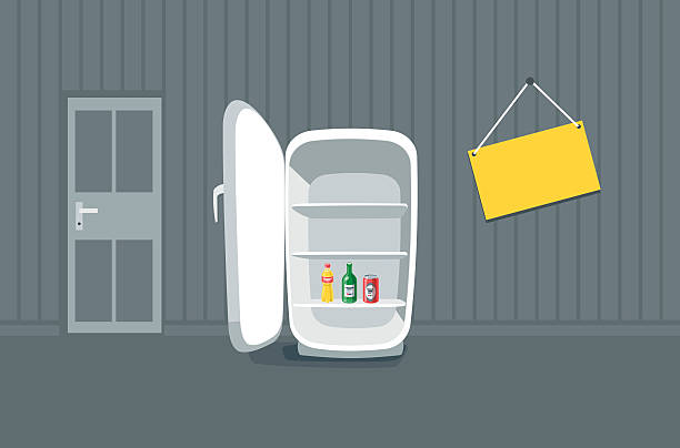 ilustrações, clipart, desenhos animados e ícones de aberta vazia quebrado geladeira em frente uma uma parede - commercial kitchen illustrations