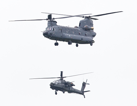 Leeuwarden, the Netherlands - June 11 2016: Chinook CH-47 military helicopter in action during a demonstration flight on juni 11 , 2016 in Leeuwarden
