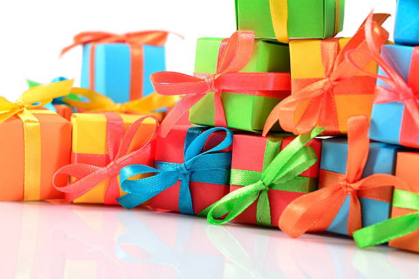 istock Colorful gifts close-up on a white 543582716