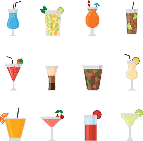 illustrations, cliparts, dessins animés et icônes de groupe de différents alcool boissons à la bouteille et verres illustration vectorielle. - transparent ideas lid glass