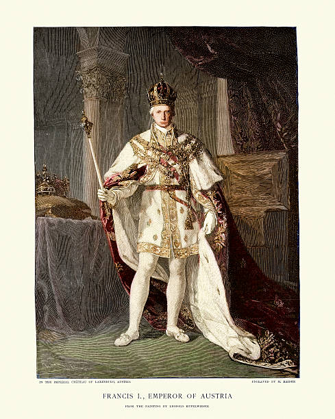 Portrait of Francis II, Holy Roman Emperor Vintage engraving of Francis II, the last Holy Roman Emperor, ruling from 1792 until 6 August 1806, when he dissolved the Holy Roman Empire after the decisive defeat at the hands of the First French Empire led by Napoleon at the Battle of Austerlitz. In 1804, he had founded the Austrian Empire and became Francis I (Franz I.), the first Emperor of Austria. sceptre stock illustrations