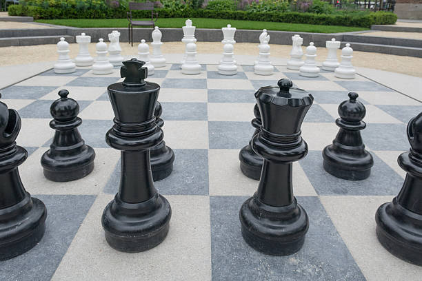 istock Large outdoor chess game in  park behind king and queen 543589976