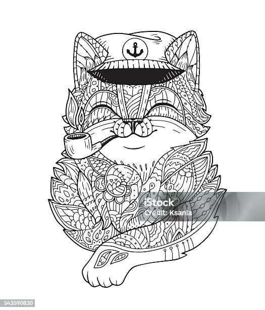 Doodle Cat Captain Smoking Pipe In Vector Stock Illustration - Download Image Now - Anchor - Athlete, Animal, Backgrounds