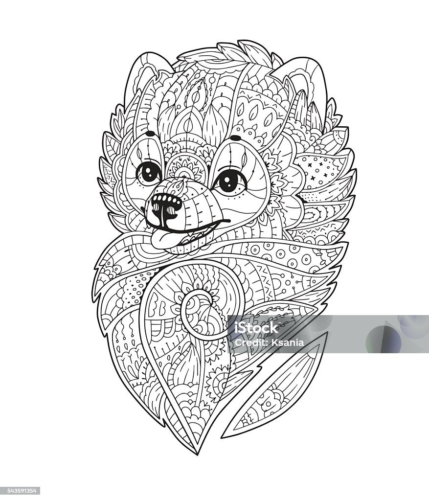 Zen art stylized Dog in vector Zen art stylized Dog. Vector hand drawn pom. Pomeranian. Adult anti-stress coloring page. Sketch for T-shirt print, logo, tattoo. Black isolated illustration on white background. Adult stock vector