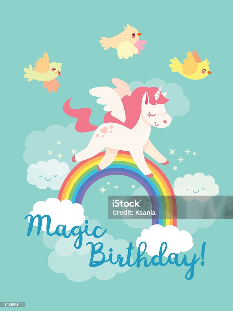 Happy birthday card with flying Unicorn in vector Fairytale happy birthday card with flying Unicorn in vector. Yellow birds, rainbow and clouds. Cute pegasus in cartoon style. Magical pony with horn and wings. Unicorn stock vector