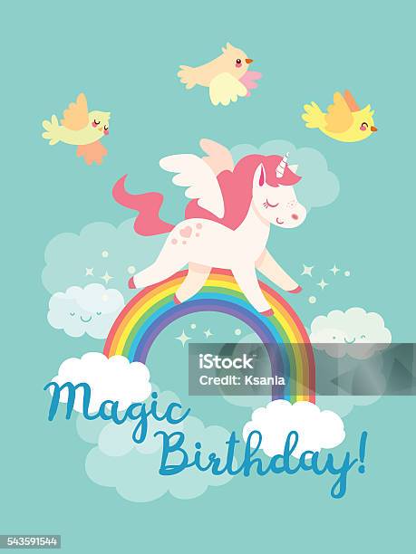 Happy Birthday Card With Flying Unicorn In Vector Stock Illustration - Download Image Now - Unicorn, Flying, Birthday