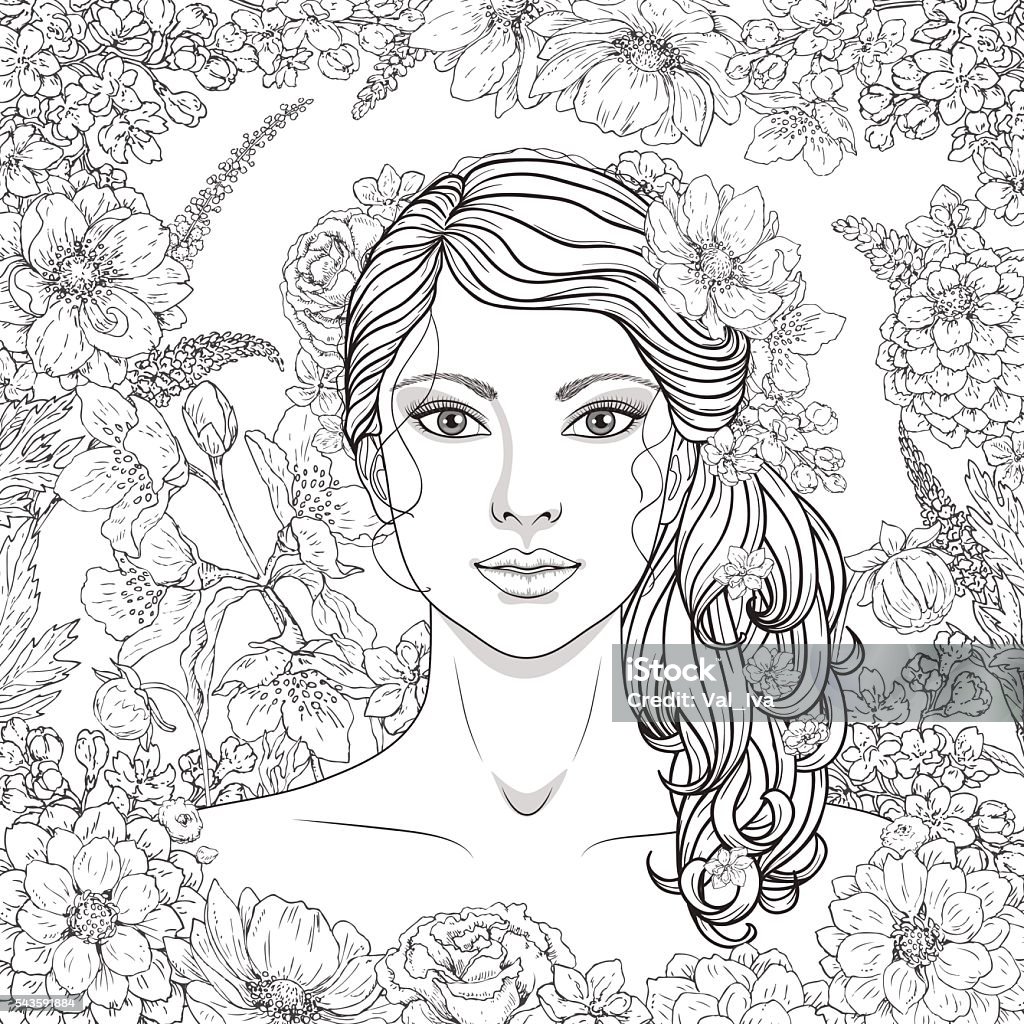 Girl with flowers Hand drawn girl with flowers. Doodle floral frame. Black and white illustration for coloring. Monochrome image of woman with long curly hair. Vector sketch. Adolescence stock vector