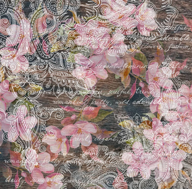 istock Flowers, indian ornamental design, wood texture. Watercolor, handwritten note 543592344